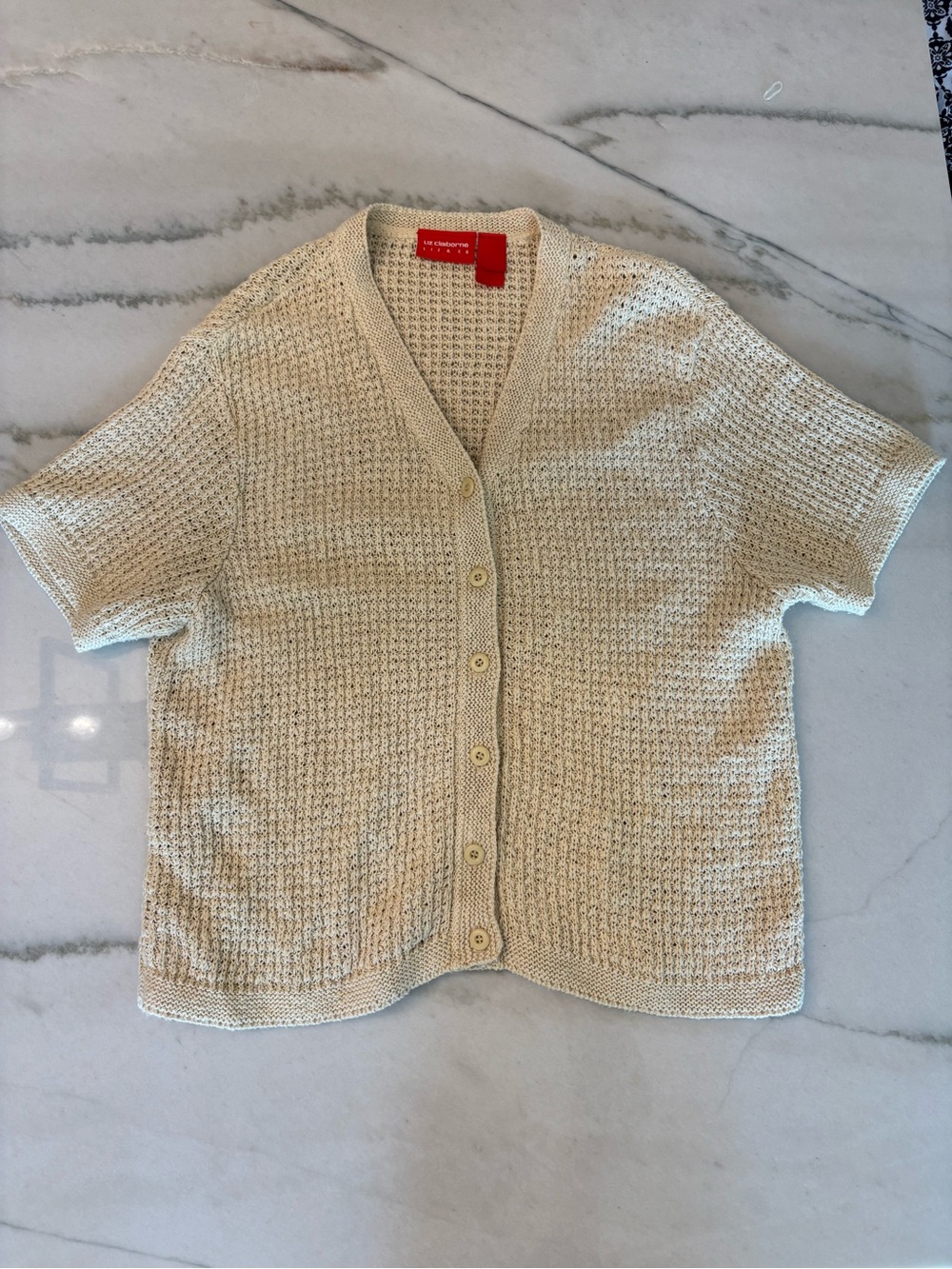 Liz Claiborne Y2K Short Sleeve Chunky Knit Sweater Cream Cotton Layering Lg